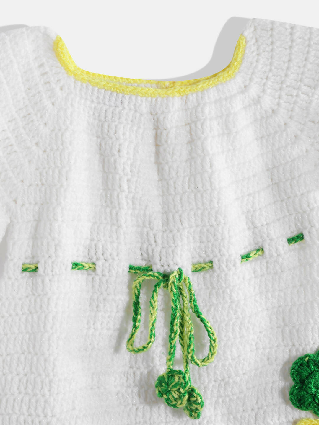 Chutput Kids Woollen Hand Knitted Full Sleeves Cardigan With Short Sleeves Flower Work Dress For Baby Girls - White