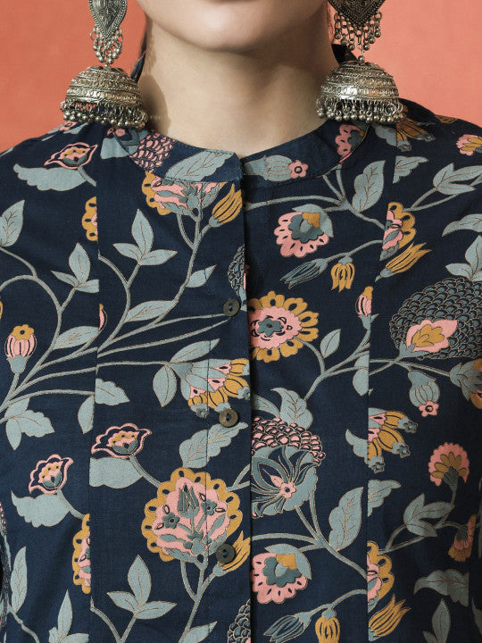 Sangria Floral Printed Mandarin Collar Panelled Pure Cotton A-Line Kurta