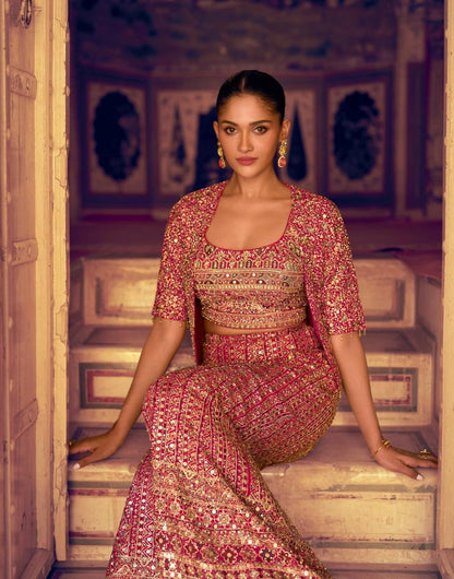 Anaita Magenta Georgette Stitched 3 Piece Set With Embroidery Zarkan Work