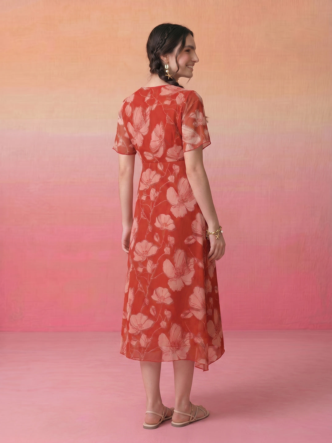 Janasya Rust A-Line Chiffon Dress