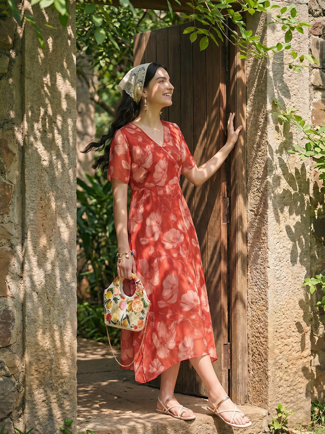 Janasya Rust A-Line Chiffon Dress