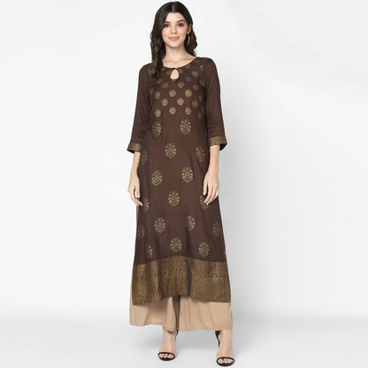 Indian Clothing Cheera Hand Block Print Brown A Line Kurta (MAAI-055K)