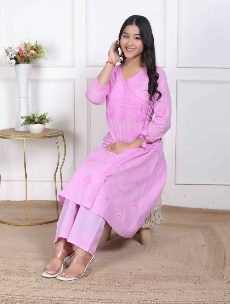 Miravan Womens Pink Lucknowi Angrakha Style Kurta With Palazzo