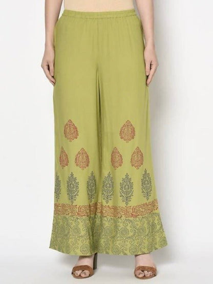 Aniyah Rayon Parrot Green Color Block Print Flared Slip-On Palazzo (AN-196K)