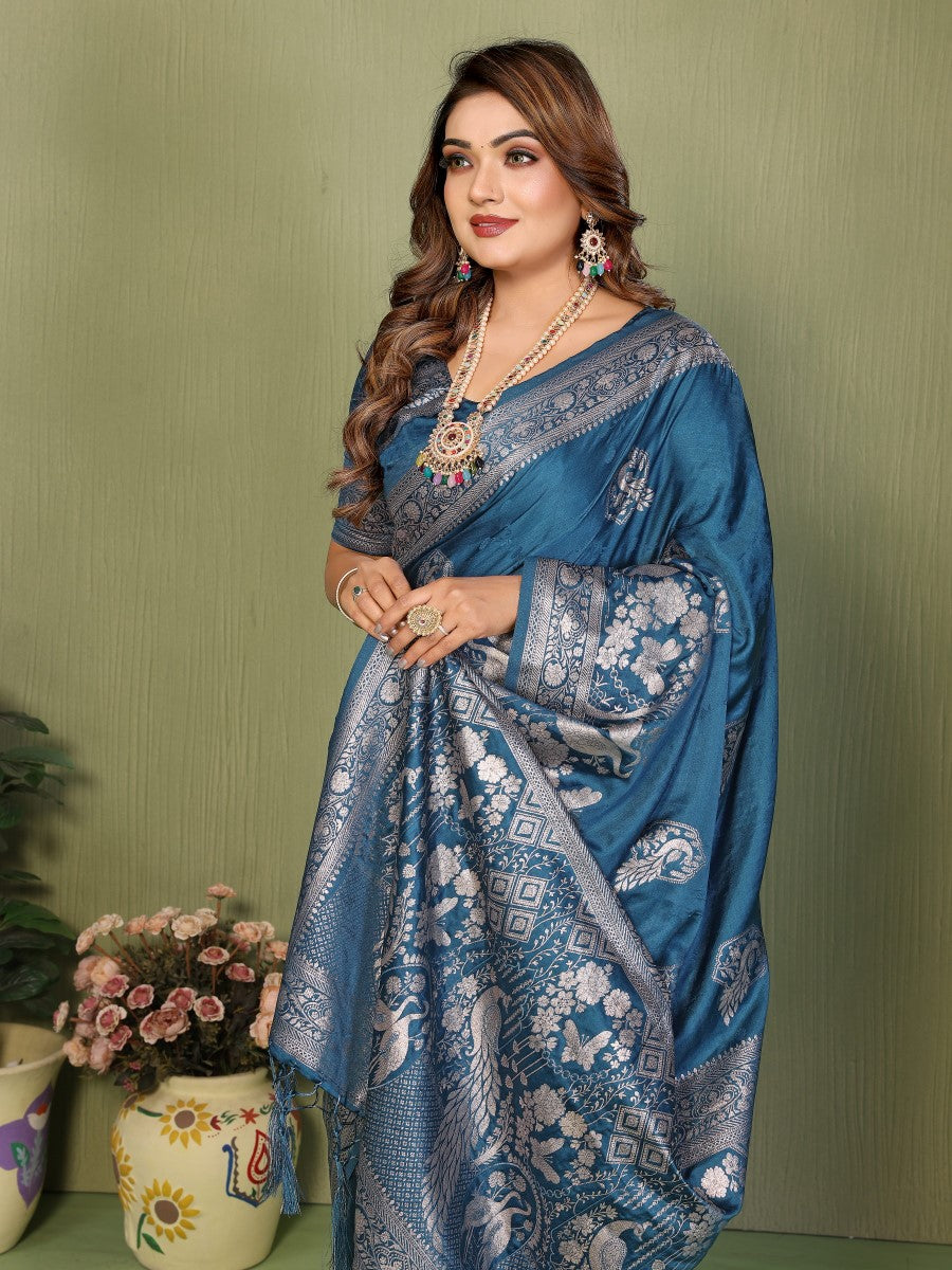 Anaita Teal Blue Zari Butta Work Satin Silk Saree With Blouse