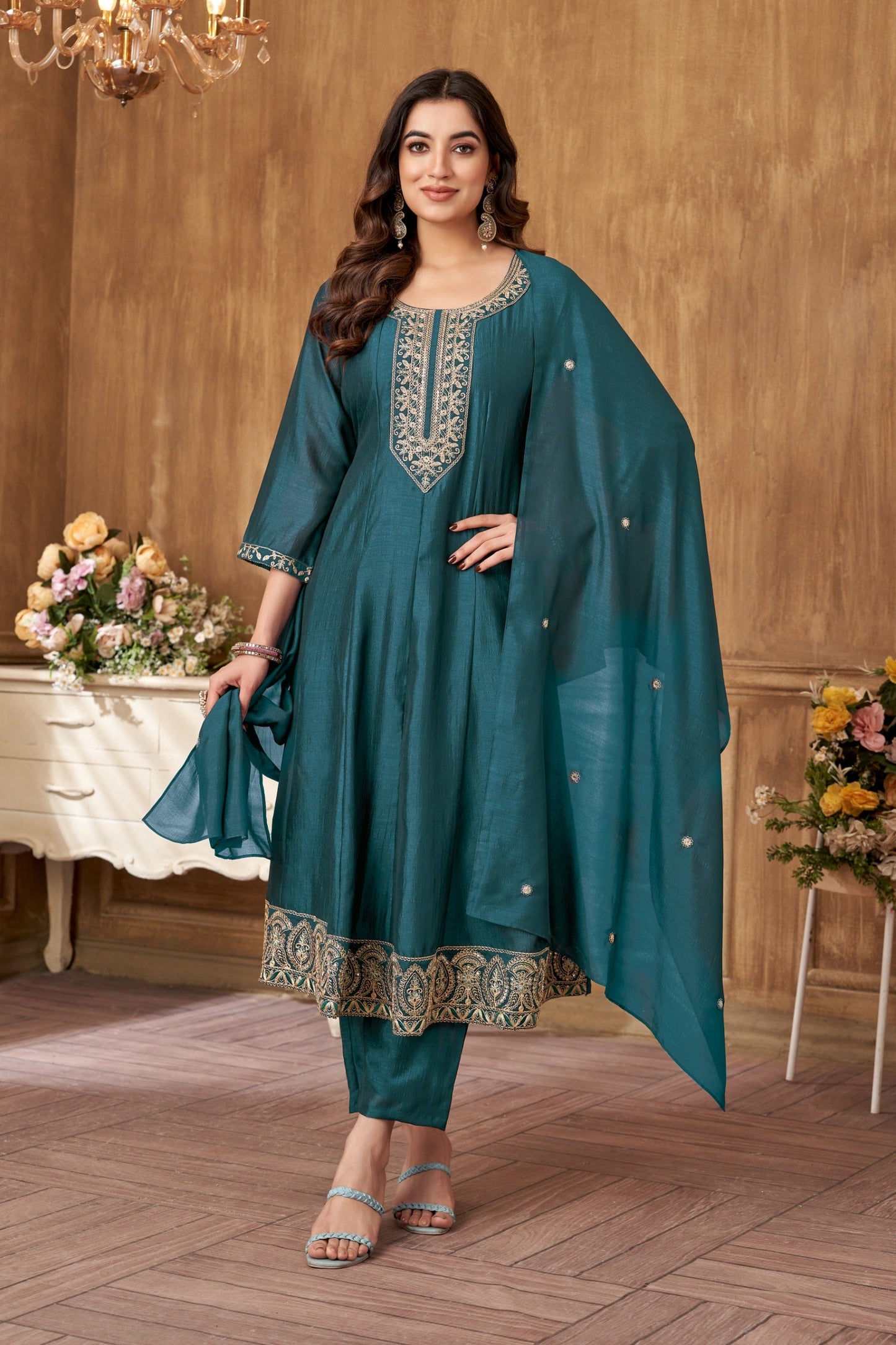 Anaita Teal Anarkali Readymade Suit with Embroidery Work