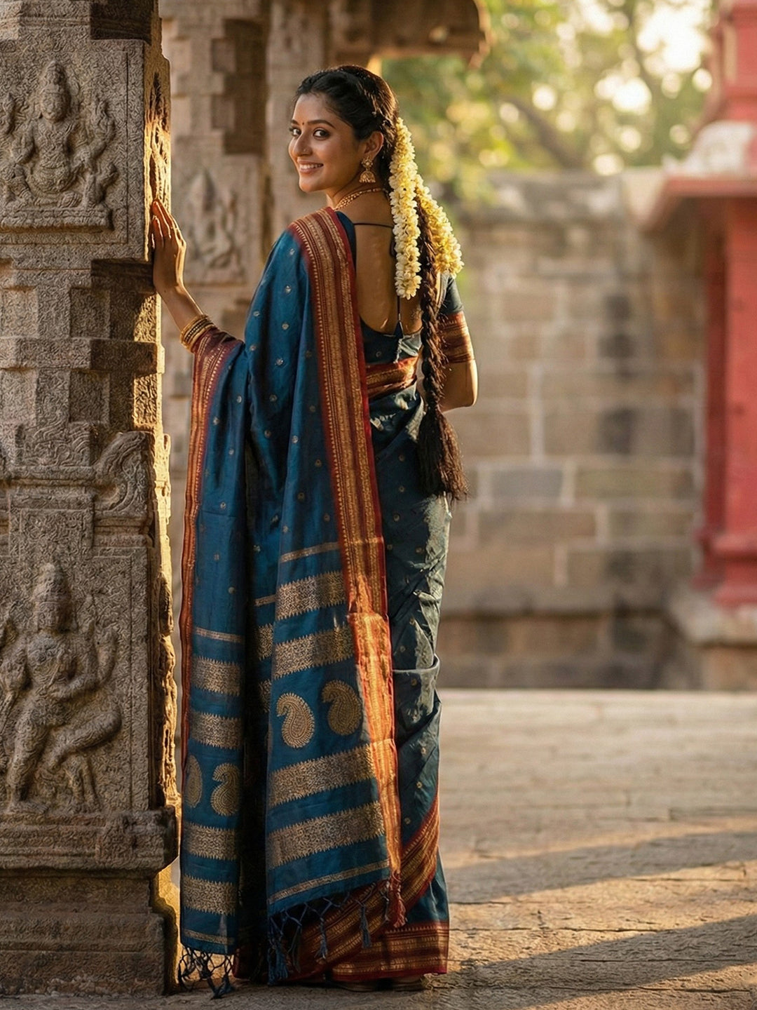 Anaita Teal Silk Woven Saree With Blouse