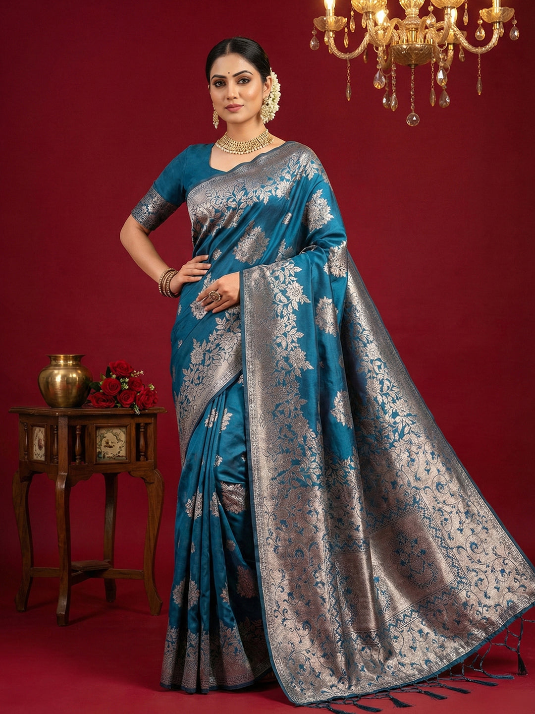 Anaita Teal Silk Blend Woven Saree With Blouse