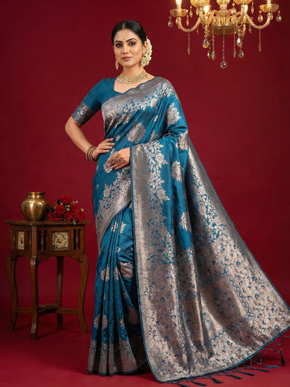 Anaita Teal Silk Blend Woven Saree With Blouse