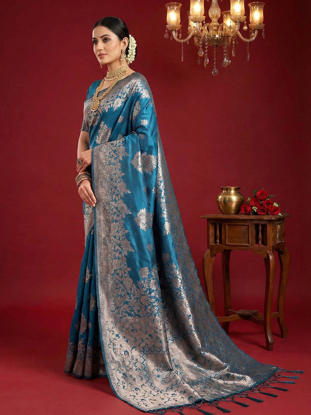 Anaita Teal Silk Blend Woven Saree With Blouse