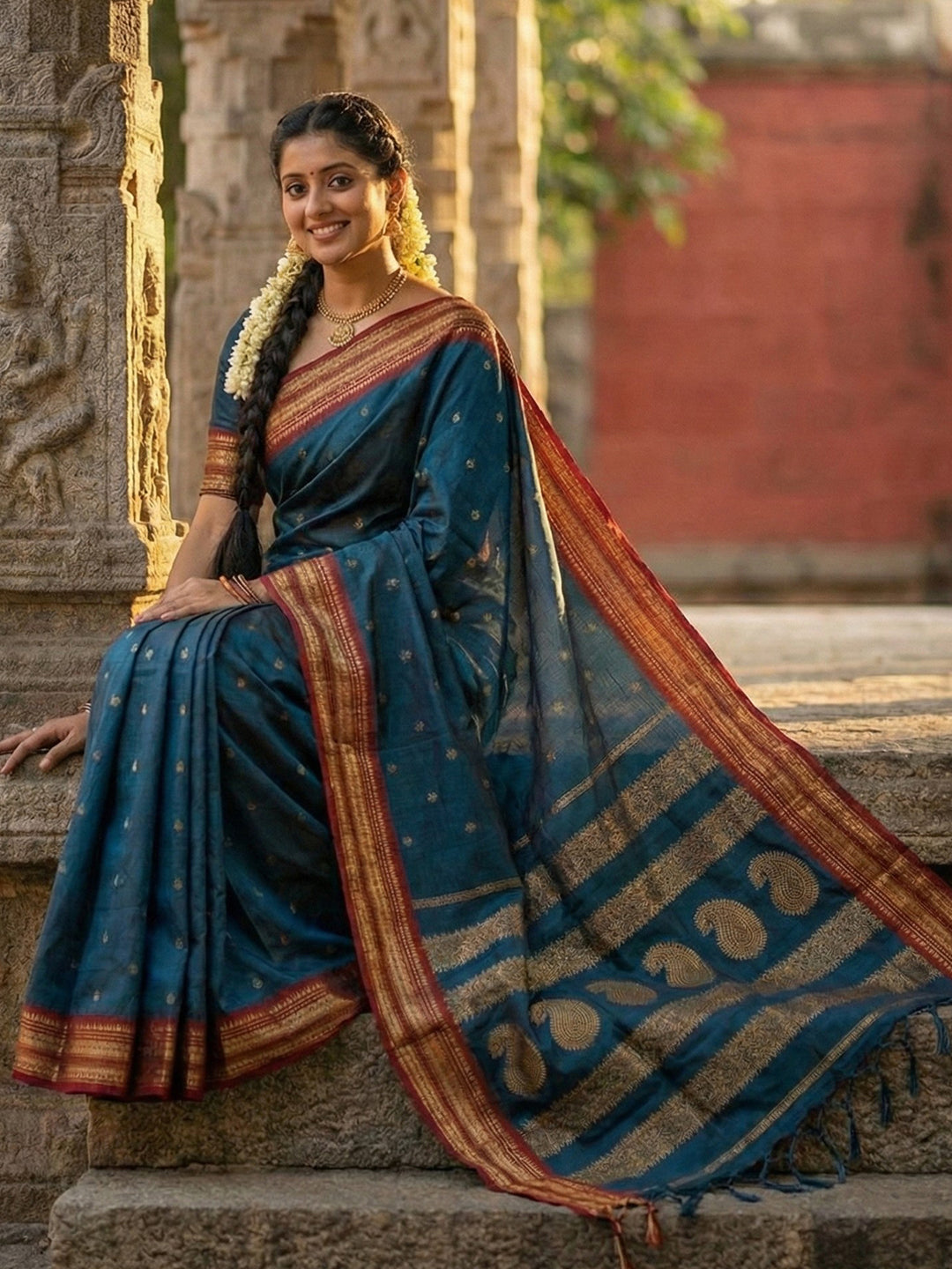 Anaita Teal Silk Woven Saree With Blouse