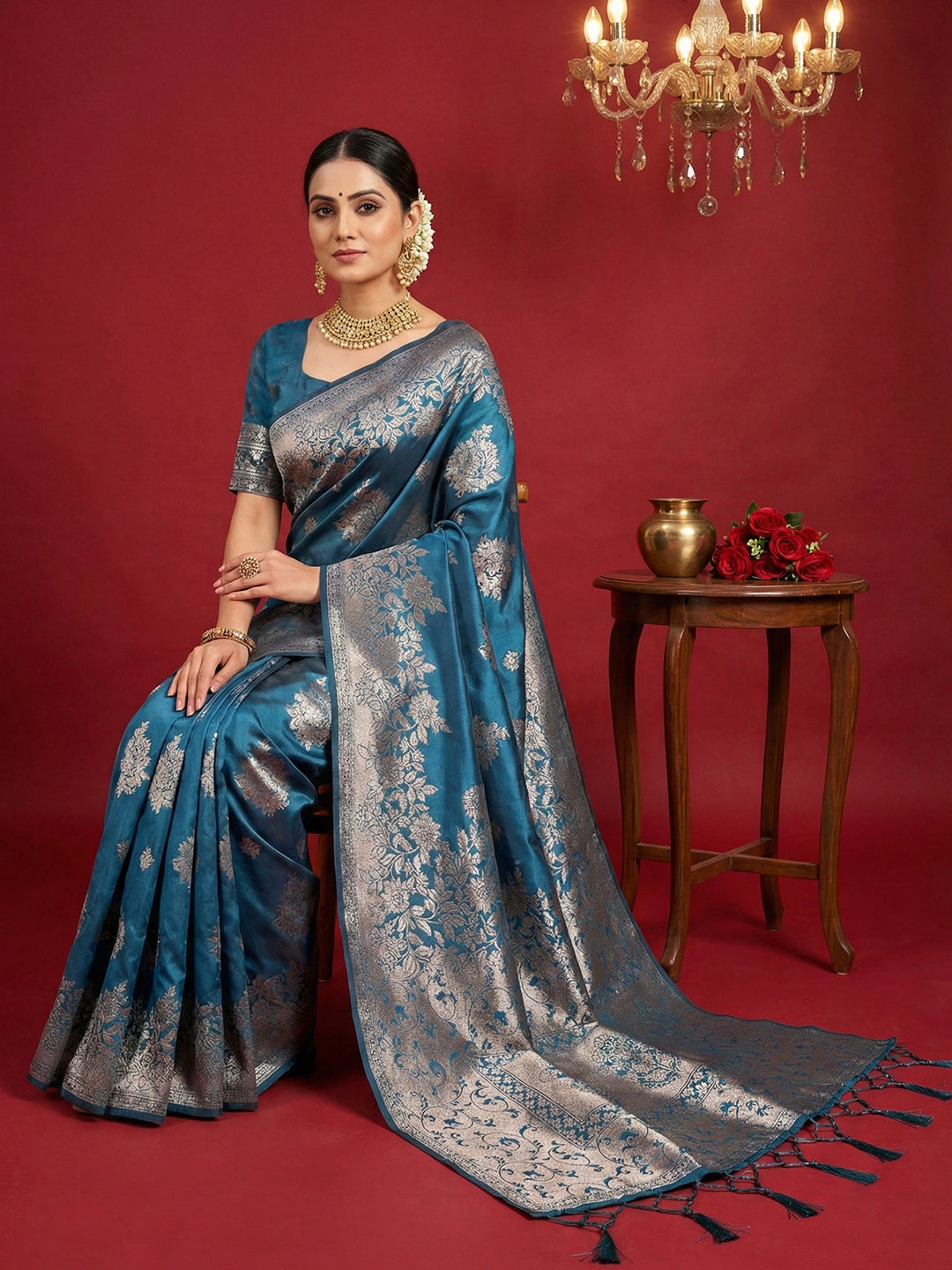 Anaita Teal Silk Blend Woven Saree With Blouse