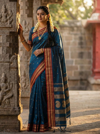 Anaita Teal Silk Woven Saree With Blouse