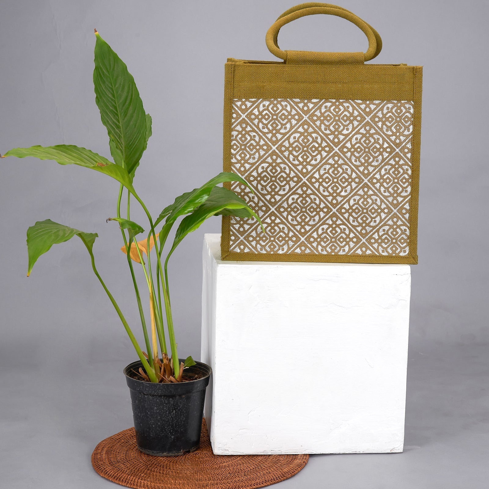 Jute Cottage Moroccan Print Zipper Lunch Bag 100% Genuine Jute