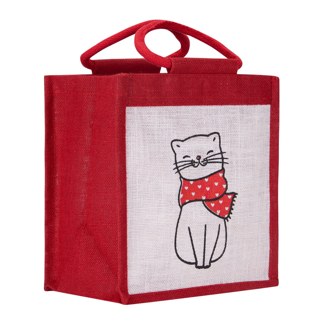 Jute Cottage Cat Print Zipper Lunch Bag 100% Genuine Jute