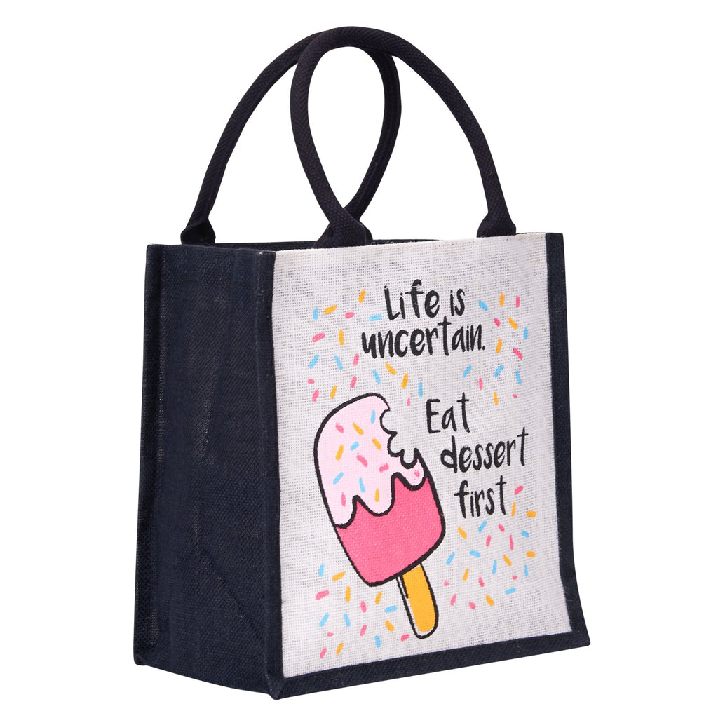 Jute Cottage Life Dessert Print Zipper Lunch Bag 100% Genuine Jute
