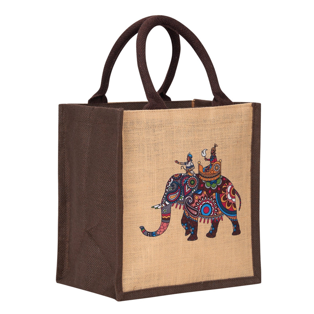Jute Cottage Ambari Elephant Print Zipper Lunch Bag 100% Genuine Stylish Jute Bag