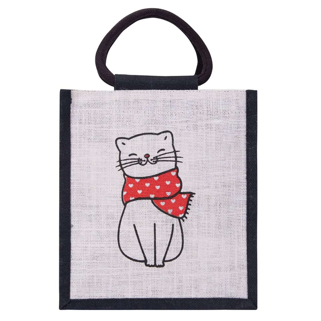 Jute Cottage Cat Print Zipper Lunch Bag 100% Genuine Jute