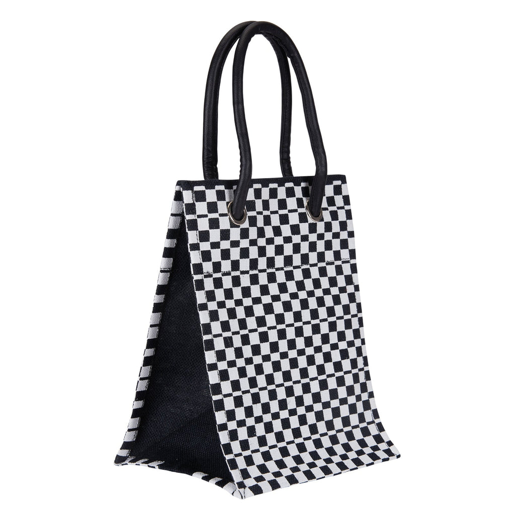 Jute Cottage Check Print Big Eyelet Lunch Bag With Bottom Board