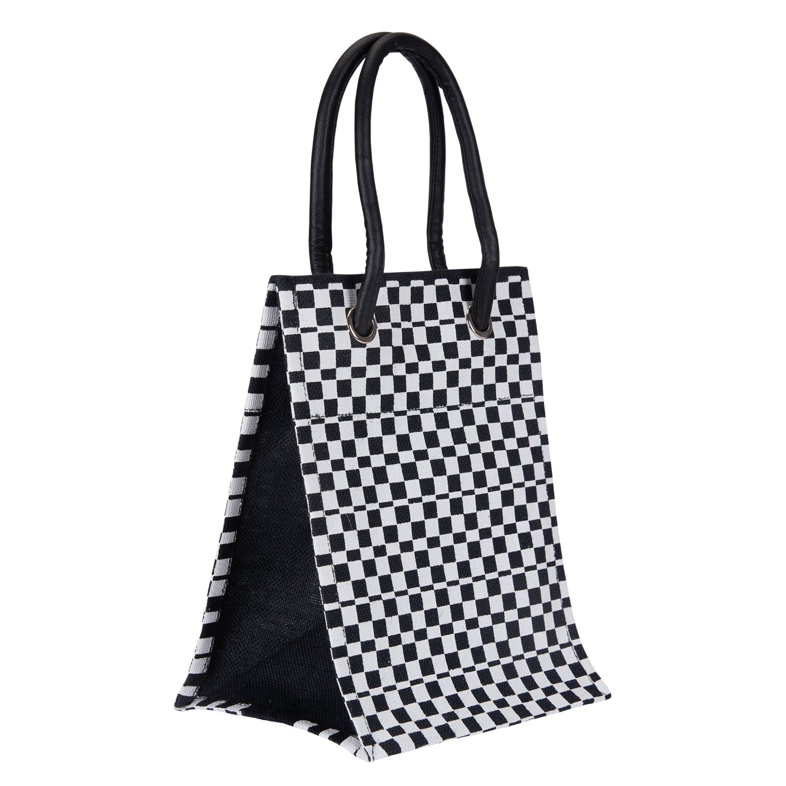 Jute Cottage Check Print Big Eyelet Lunch Bag With Bottom Board