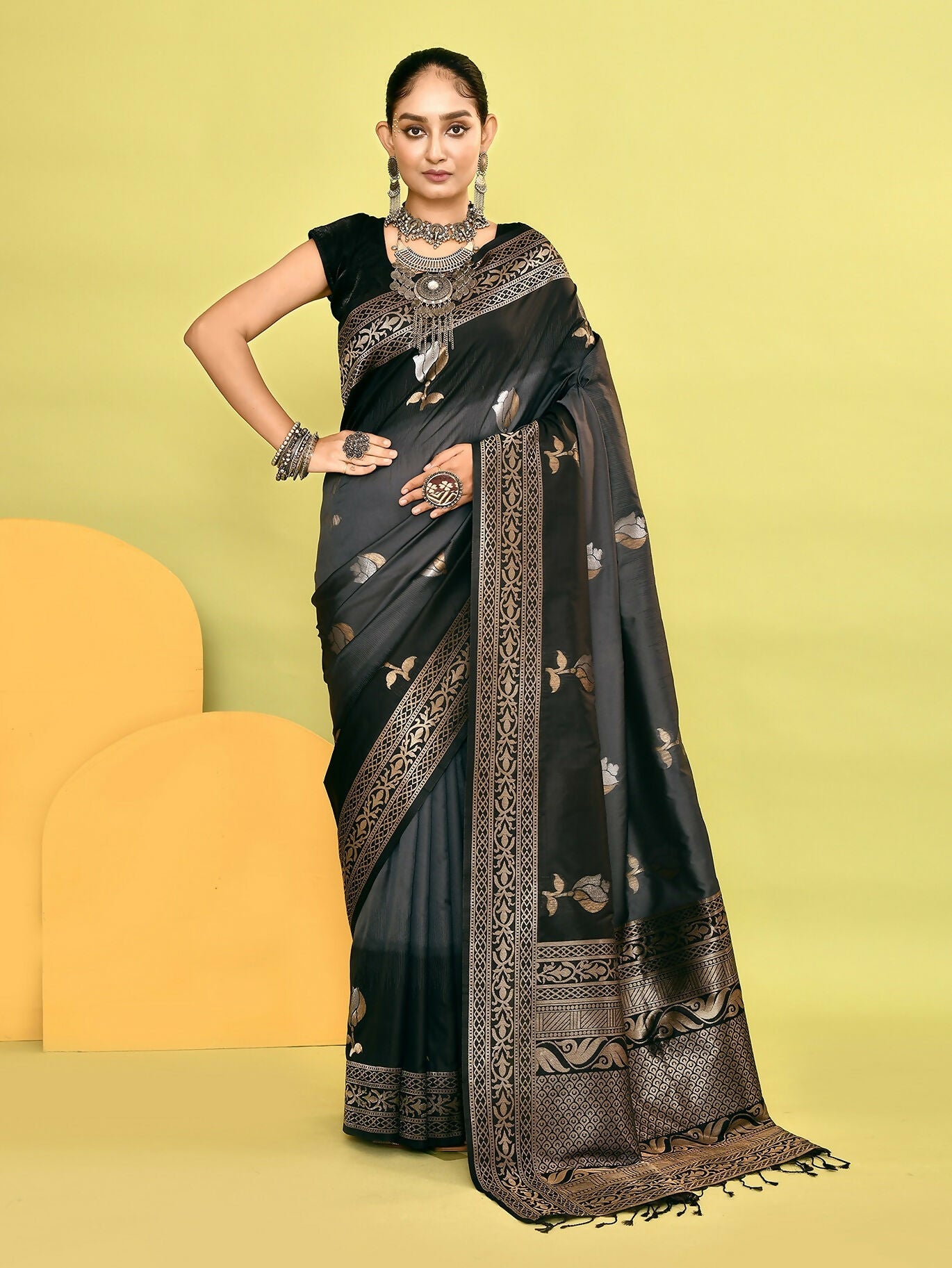 Joban Fashion Grey & Black Plain With Weaving Border Banarasi Silk Sarees