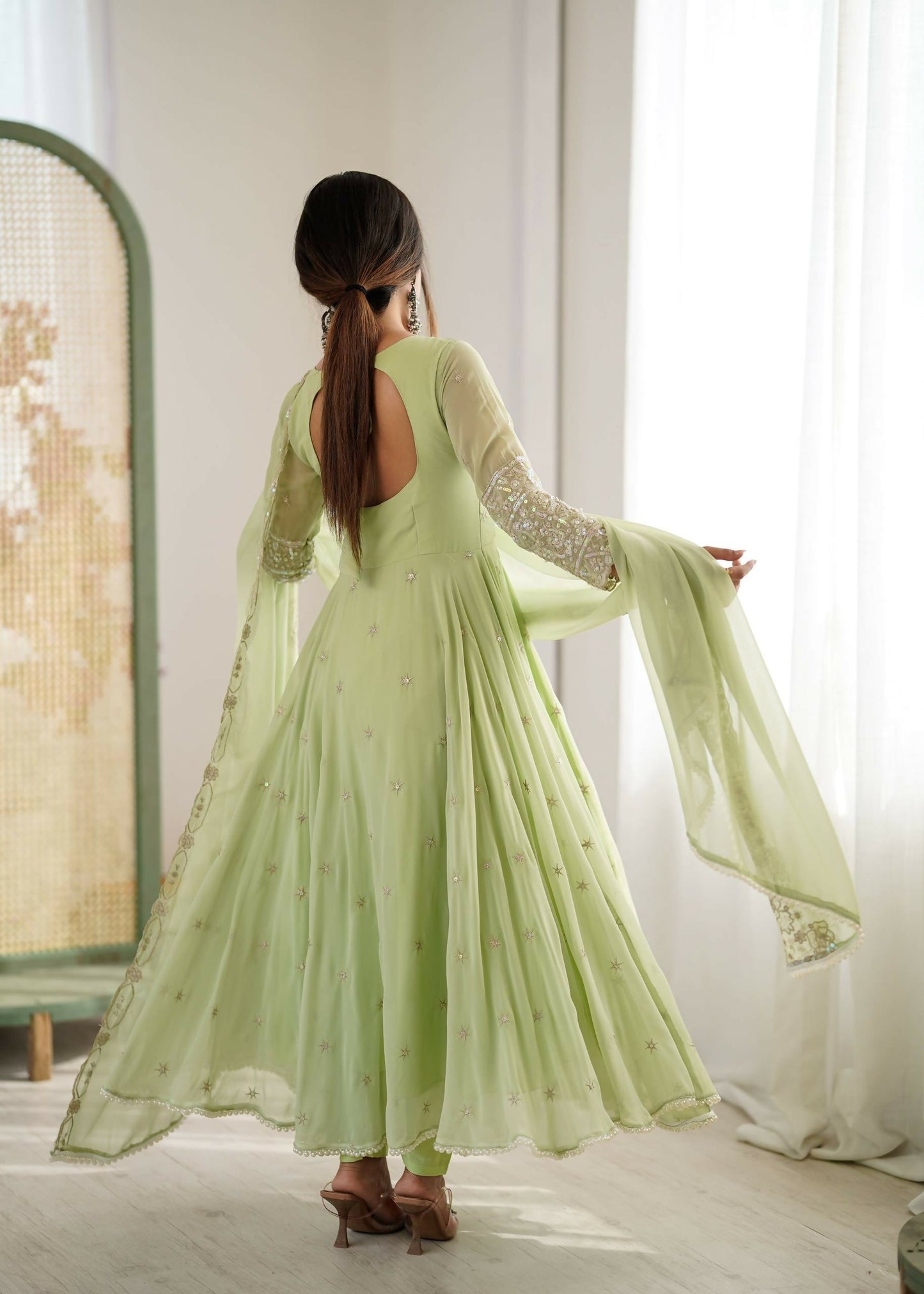 Teeya Creation Pista Color Faux georgette Embroidery Work Wedding Wear Gown