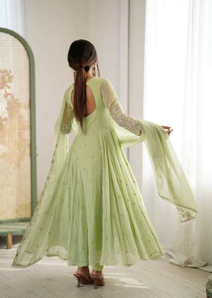 Teeya Creation Pista Color Faux georgette Embroidery Work Wedding Wear Gown