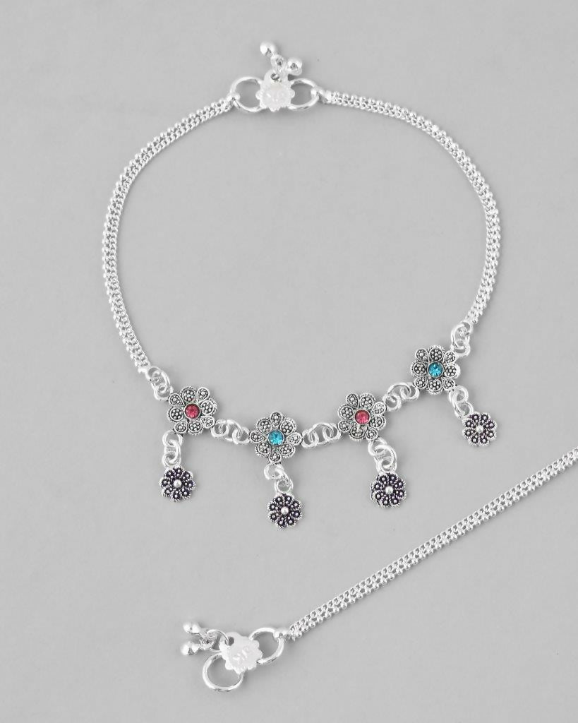 VOJ Set of 2 Silver Plated Flower Shaped Meenakari Anklet