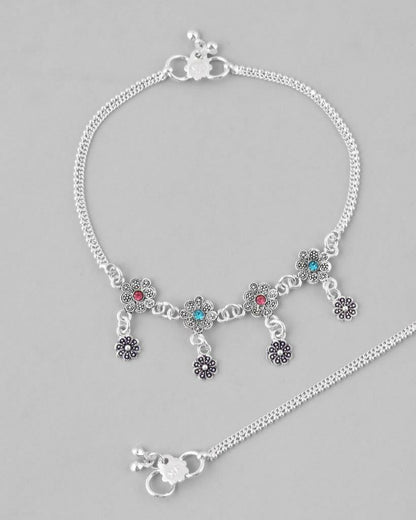 VOJ Set of 2 Silver Plated Flower Shaped Meenakari Anklet