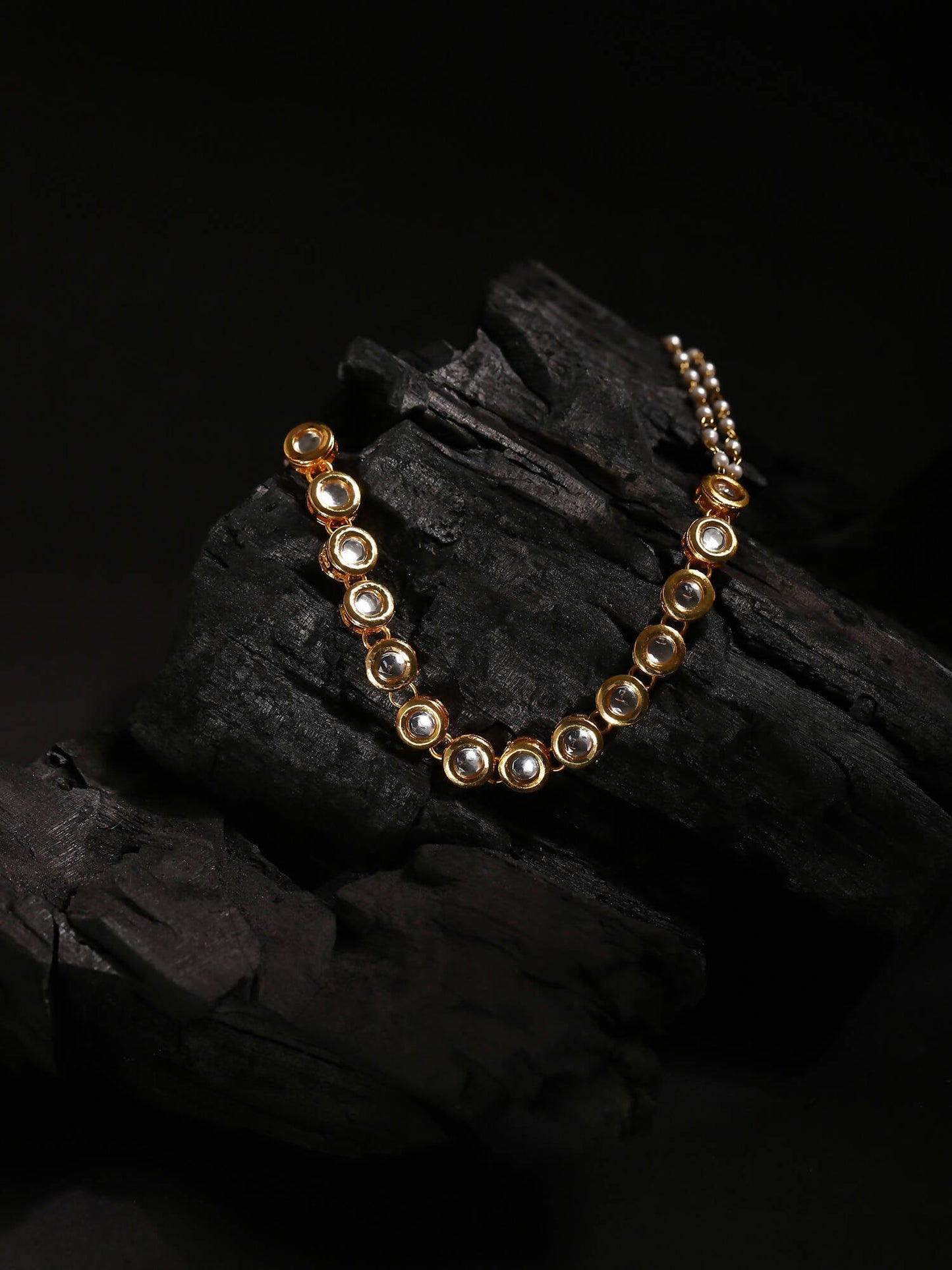 Gold-Polished White Kundan-Studded Pearl Beaded Matha Patti - Ruby Raang