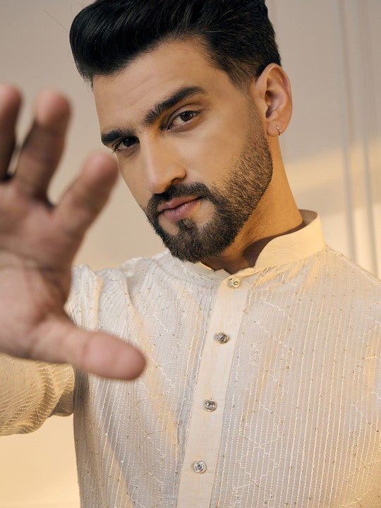 Anouk White Striped Embroidered Sequinned Mandarin Collar Straight Kurta