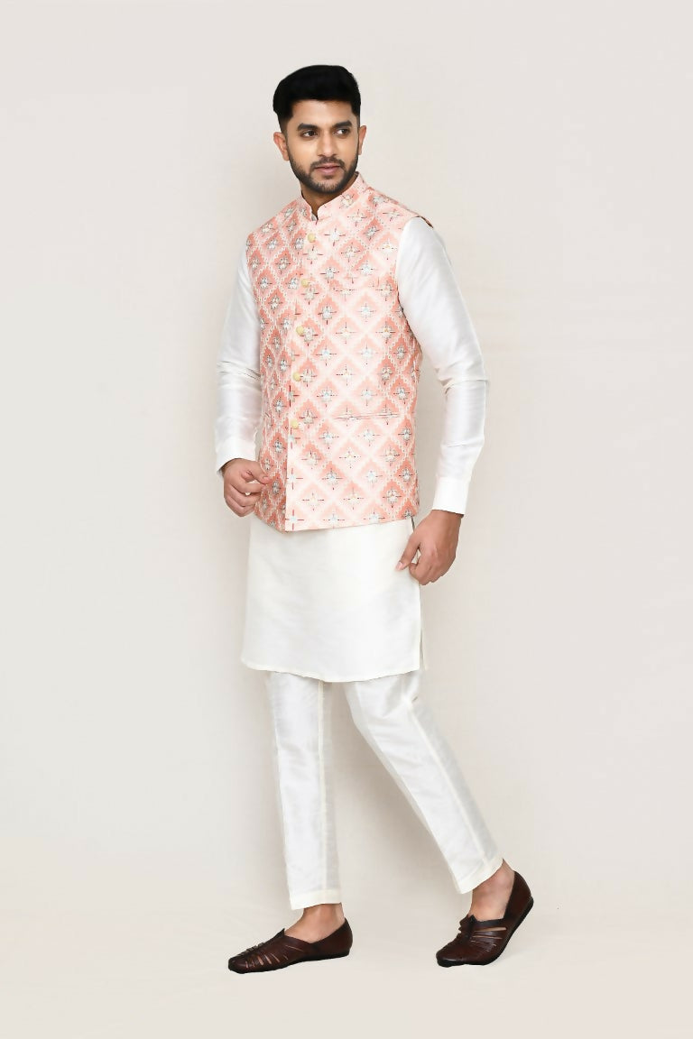 Joban Fashion White Colored Art Silk Fabric Kurta, Jacket With Straight Fit Pant
