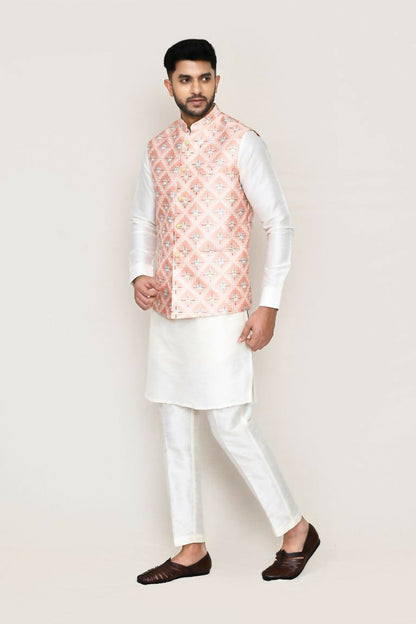 Joban Fashion White Colored Art Silk Fabric Kurta, Jacket With Straight Fit Pant