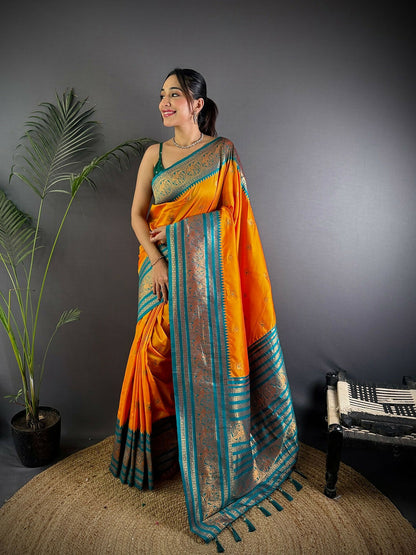 Joban Fashion Banarasi Orange Woven Soft Silk Saree