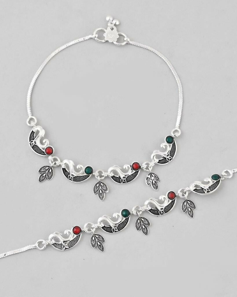 VOJ Set of 2 Silver Plated Meenakari Multi Color Anklet