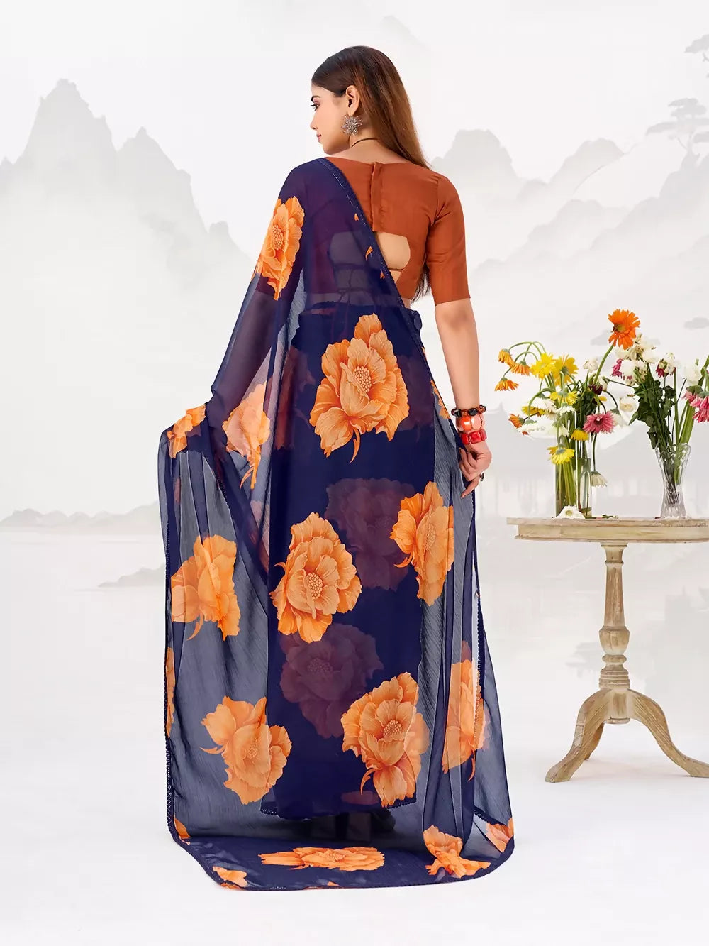 Vastranavya Navy Blue Floral Print with Lace Border work Chiffon Saree & Unstitched Blouse