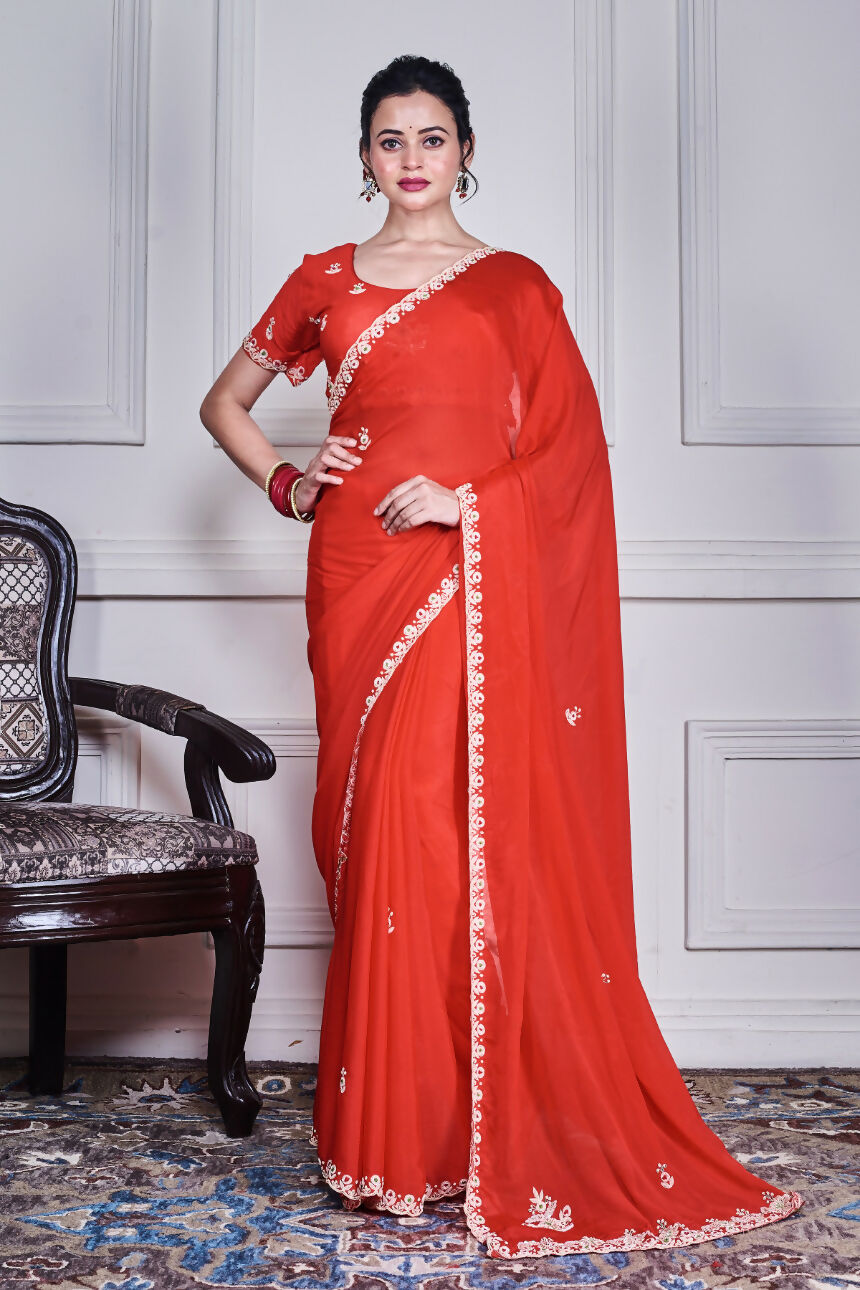 Morchari Red Chiffon Hand Embroidery Saree And Stitched Blouse