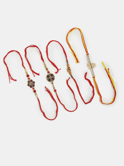NVR Men Set of 4 Multicolor Stone-Studded Rakhi With Roli Chawal & Chocolate