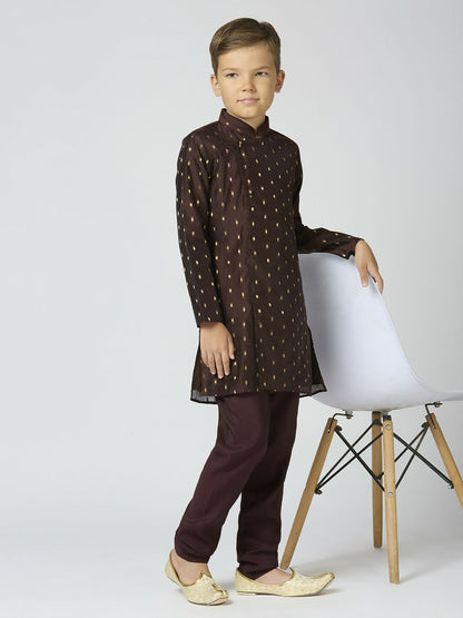 Joban Fashion Kids Island Full Sleeves Chanderi Kurta, Pyjama Set with Traditional Butta Work - Brown