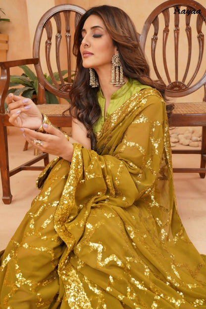 Aayaa Heavy Georgette Double Run Sequance Work Saree With Fitting Sequance Lace Border - Olive Green
