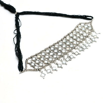 Mominos Fashion Johar Kamal Oxidised Silver-Plated Alloy Finish Mirror Choker For Women
