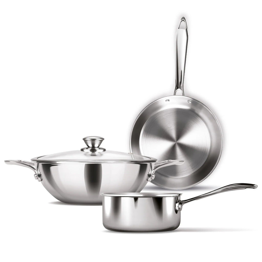 Milton ProCook Triply Stainless Steel 4 Pcs Cookware Set Wooden Handle (Sauce Pan 16cm + Fry Pan 22cm + Kadhai 24cm with Glass Lid)