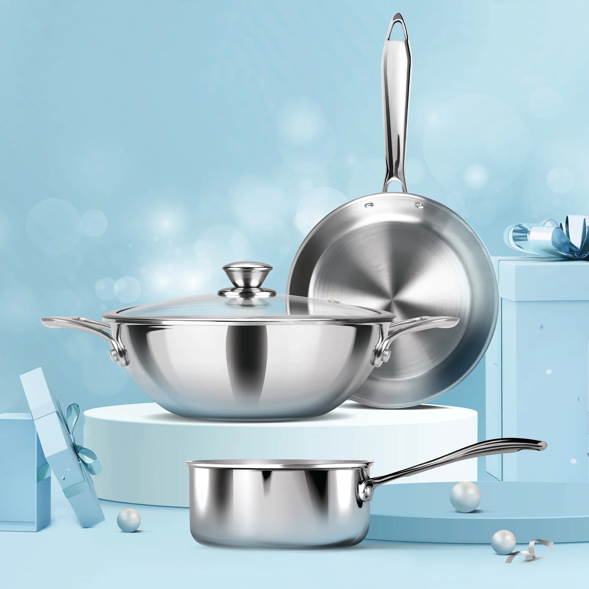 Milton ProCook Triply Stainless Steel 4 Pcs Cookware Set Wooden Handle (Sauce Pan 16cm + Fry Pan 22cm + Kadhai 24cm with Glass Lid)