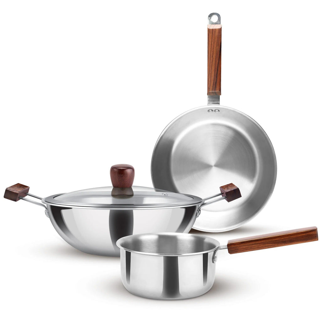 Milton ProCook Triply Stainless Steel 4 Pcs Cookware Set Wooden Handle (Sauce Pan 16cm + Fry Pan 22cm + Kadhai 24cm with Glass Lid)