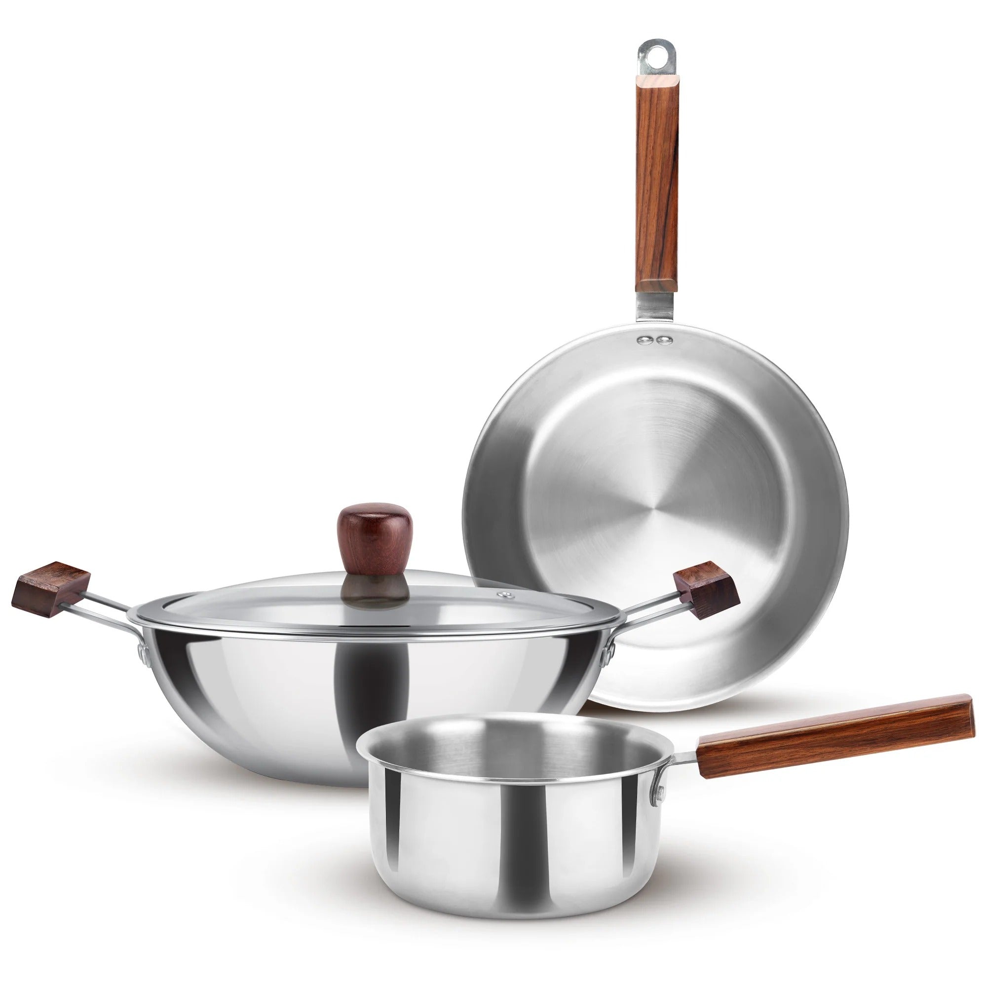 Milton ProCook Triply Stainless Steel 4 Pcs Cookware Set Wooden Handle (Sauce Pan 16cm + Fry Pan 22cm + Kadhai 24cm with Glass Lid)