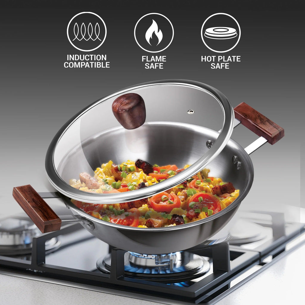 Milton ProCook Triply Stainless Steel 4 Pcs Cookware Set Wooden Handle (Sauce Pan 16cm + Fry Pan 22cm + Kadhai 24cm with Glass Lid)