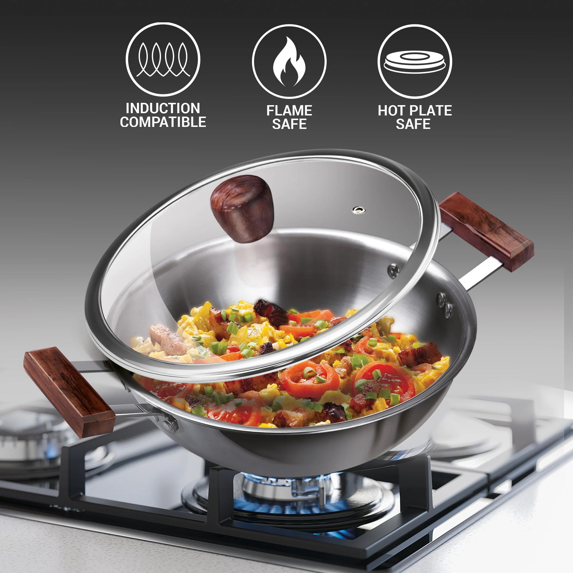 Milton ProCook Triply Stainless Steel 4 Pcs Cookware Set Wooden Handle (Sauce Pan 16cm + Fry Pan 22cm + Kadhai 24cm with Glass Lid)