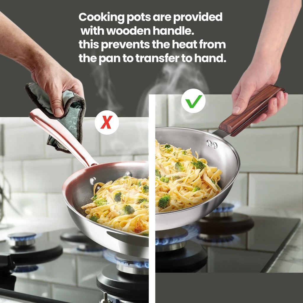 Milton ProCook Triply Stainless Steel 4 Pcs Cookware Set Wooden Handle (Sauce Pan 16cm + Fry Pan 22cm + Kadhai 24cm with Glass Lid)
