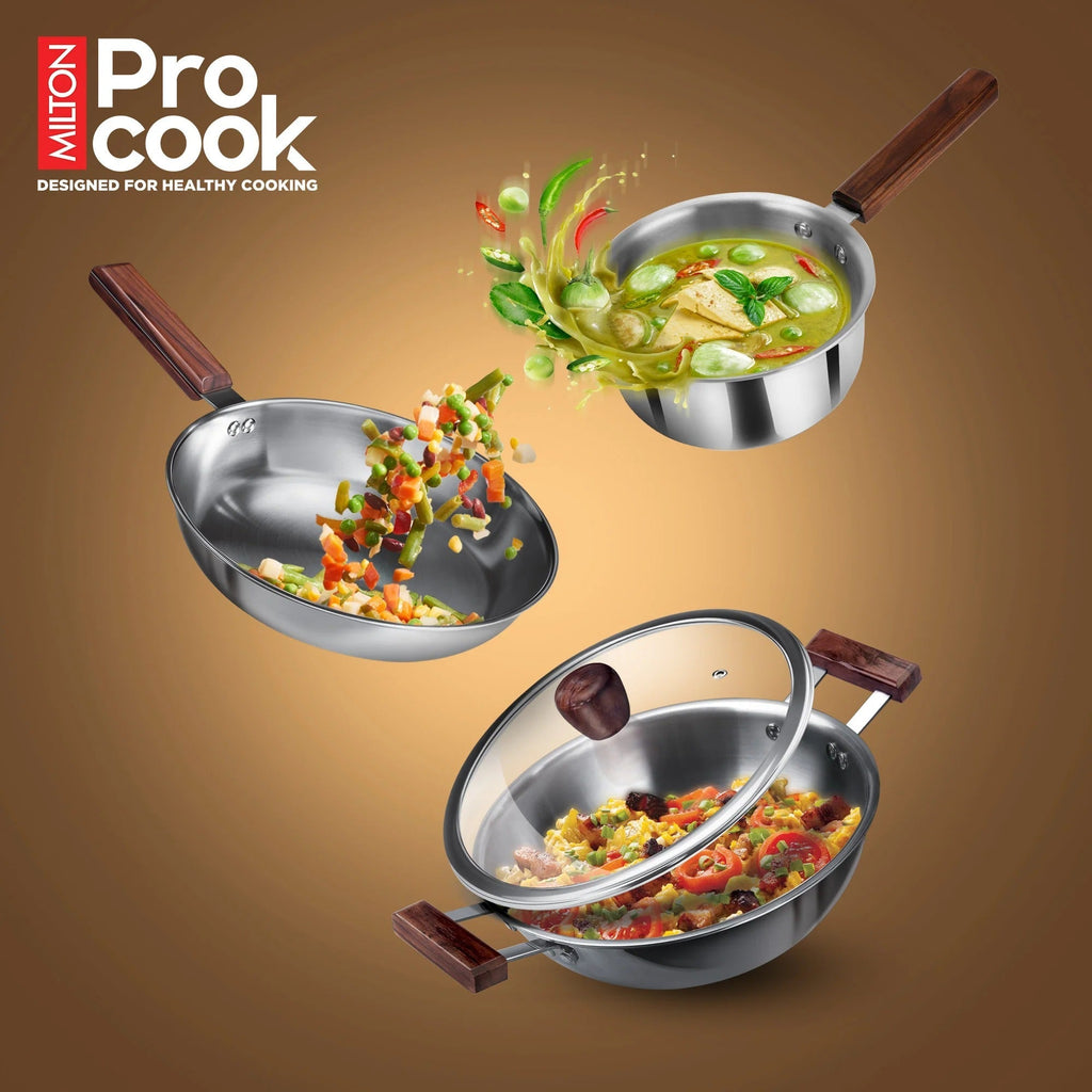 Milton ProCook Triply Stainless Steel 4 Pcs Cookware Set Wooden Handle (Sauce Pan 16cm + Fry Pan 22cm + Kadhai 24cm with Glass Lid)