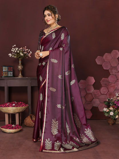 Joban Fashion Wine Floral Motifs Banarasi Silk Sarees